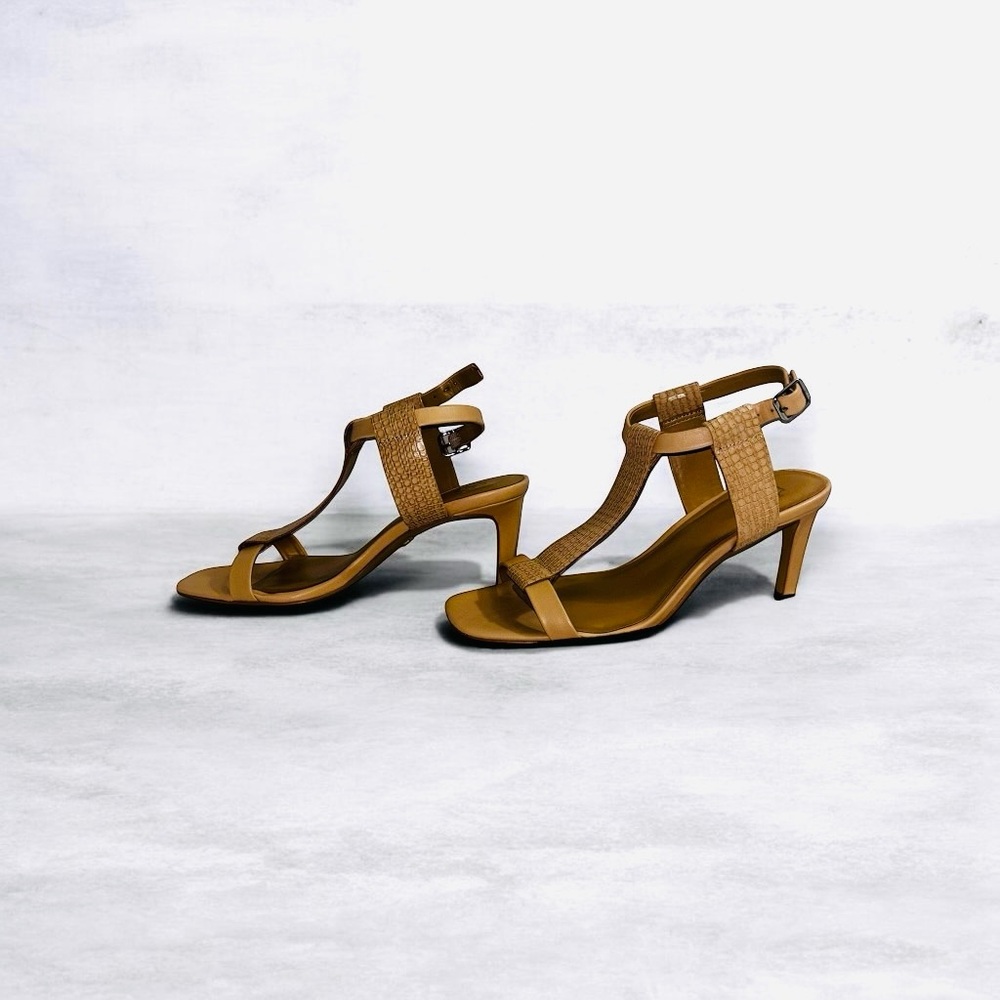 Ann Taylor Tan T-Strap Textured Leather Heels - Picture 2 of 6